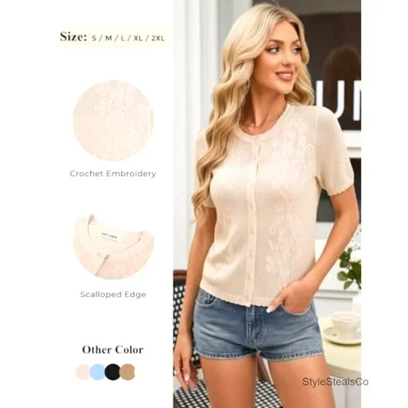 Short Sleeve Crochet Cardigan, Lightweight Summer Bolero, Button Up Shrug - Picture 4 of 7